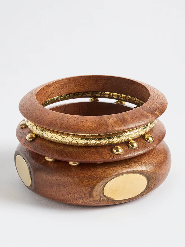 Westside Accessories Brown Wood and Metal Bangles - Pack of 4 - Image 2