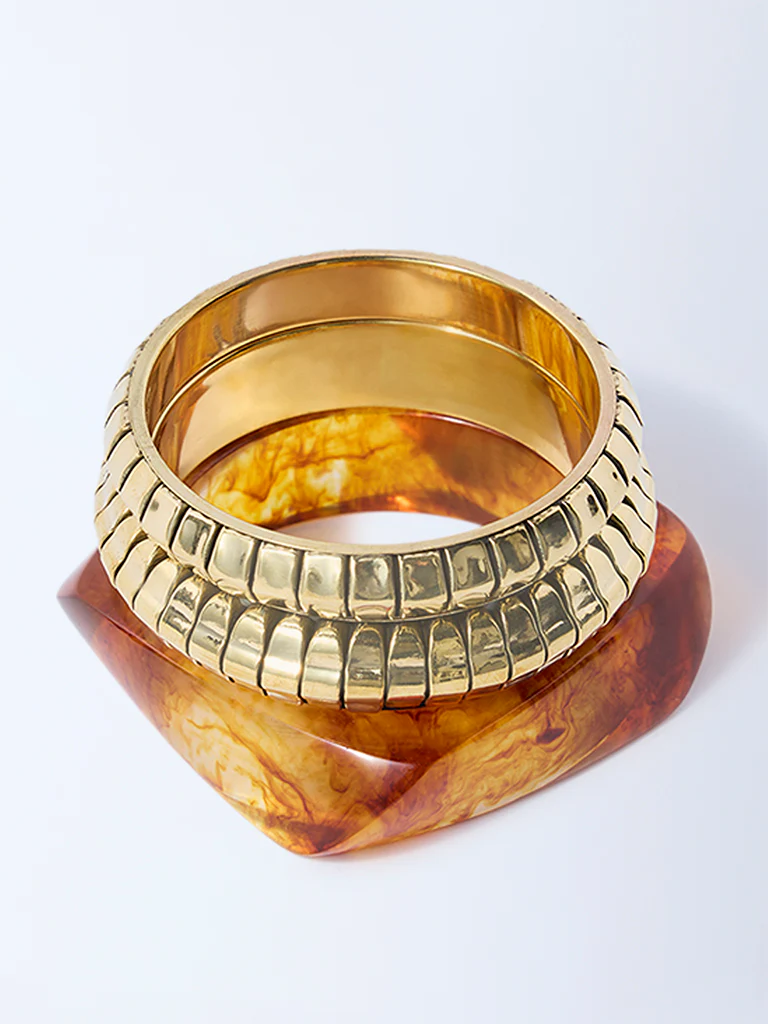 Westside Accessories Gold and Amber Chunky Stack Bangles - Pack of 3 - Image 2