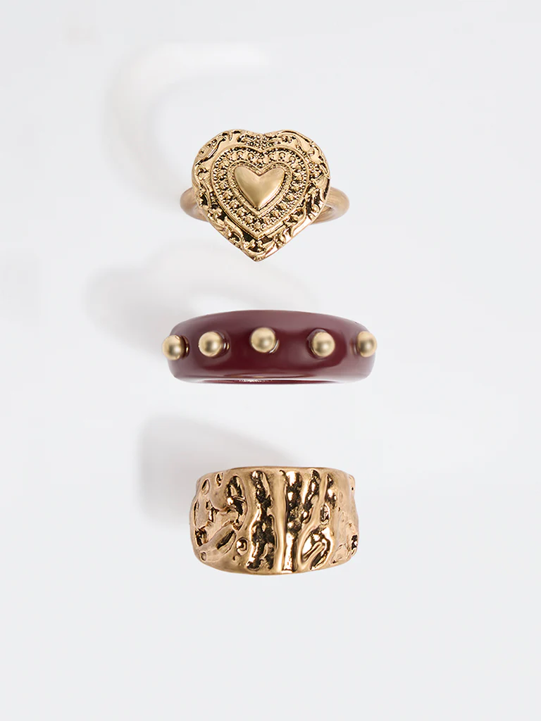 Westside Accessories Gold and Burgundy Statement Rings - Pack of 3