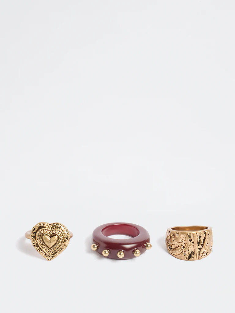 Westside Accessories Gold and Burgundy Statement Rings - Pack of 3 - Image 2