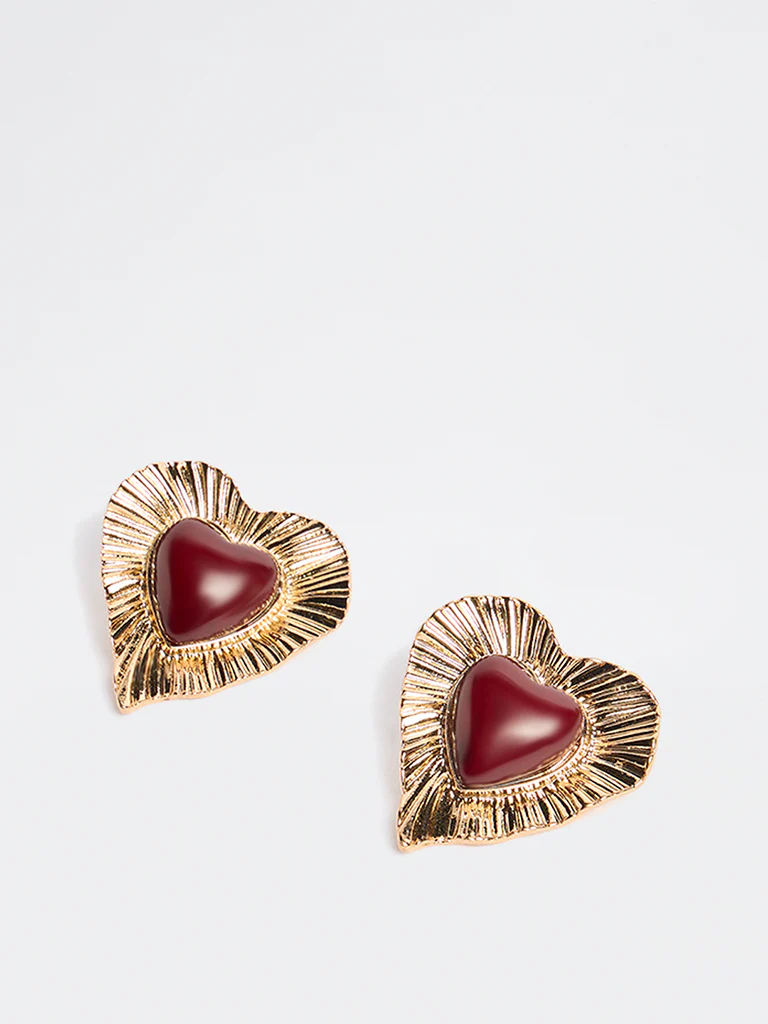 Westside Accessories Gold and Plum Statement Resin Heart Earrings - Image 2