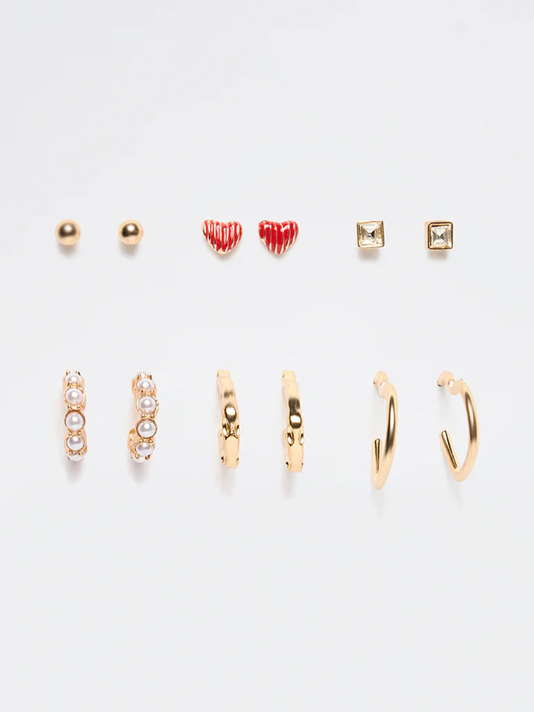 Westside Accessories Gold and Red Mixed Stud and Hoop Earrings - Pack of 6