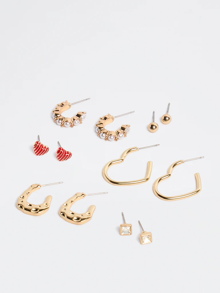 Westside Accessories Gold and Red Mixed Stud and Hoop Earrings - Pack of 6 - Image 2