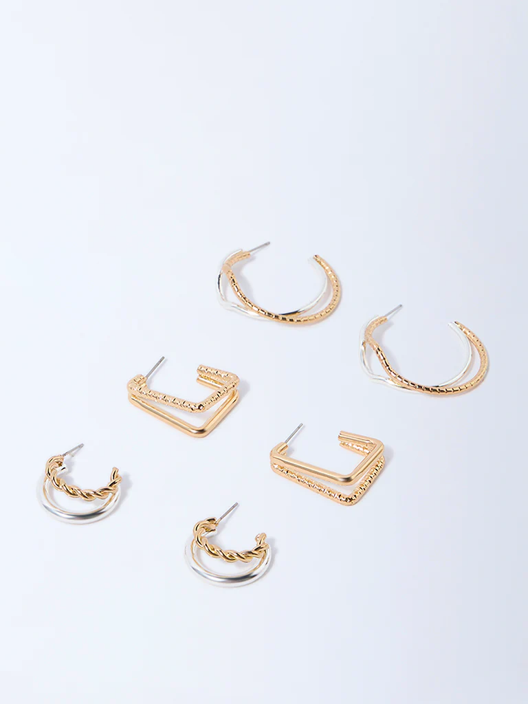 Westside Accessories Gold and Silver Dual Tone Finish Textured Hoops - Pack of 3 - Image 2