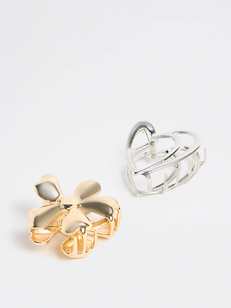 Westside Accessories Gold and Silver Flower and Heart Hair Clips - Pack of 2 - Image 2