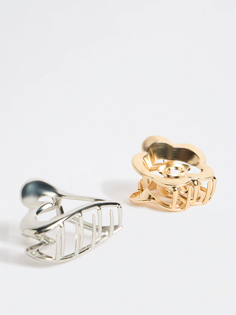 Westside Accessories Gold and Silver Metallic Floral Claw Clip - Pack of 2 - Image 2