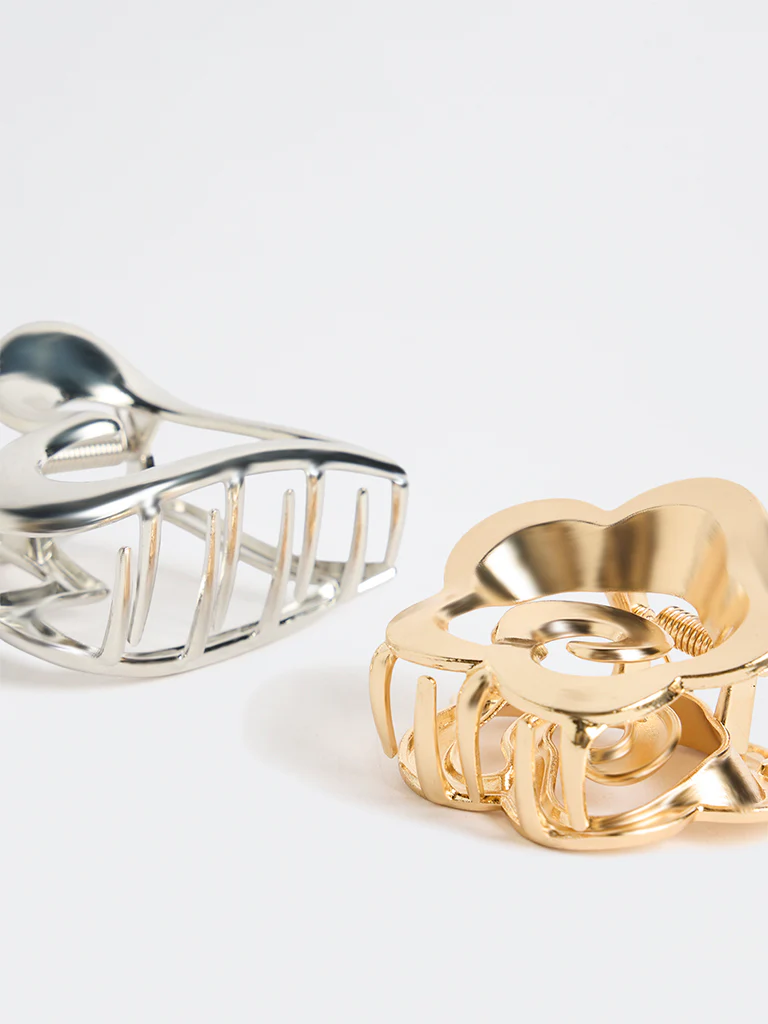 Westside Accessories Gold and Silver Metallic Floral Claw Clip - Pack of 2 - Image 3