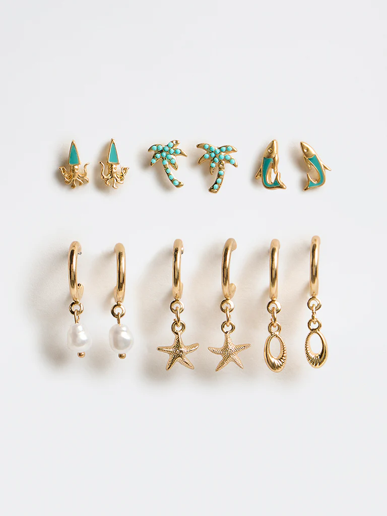 Westside Accessories Gold and Turquoise Ocean-Themed Studs and Hoops Earrings - Pack of 6