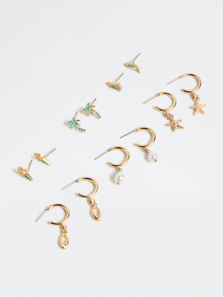 Westside Accessories Gold and Turquoise Ocean-Themed Studs and Hoops Earrings - Pack of 6 - Image 2