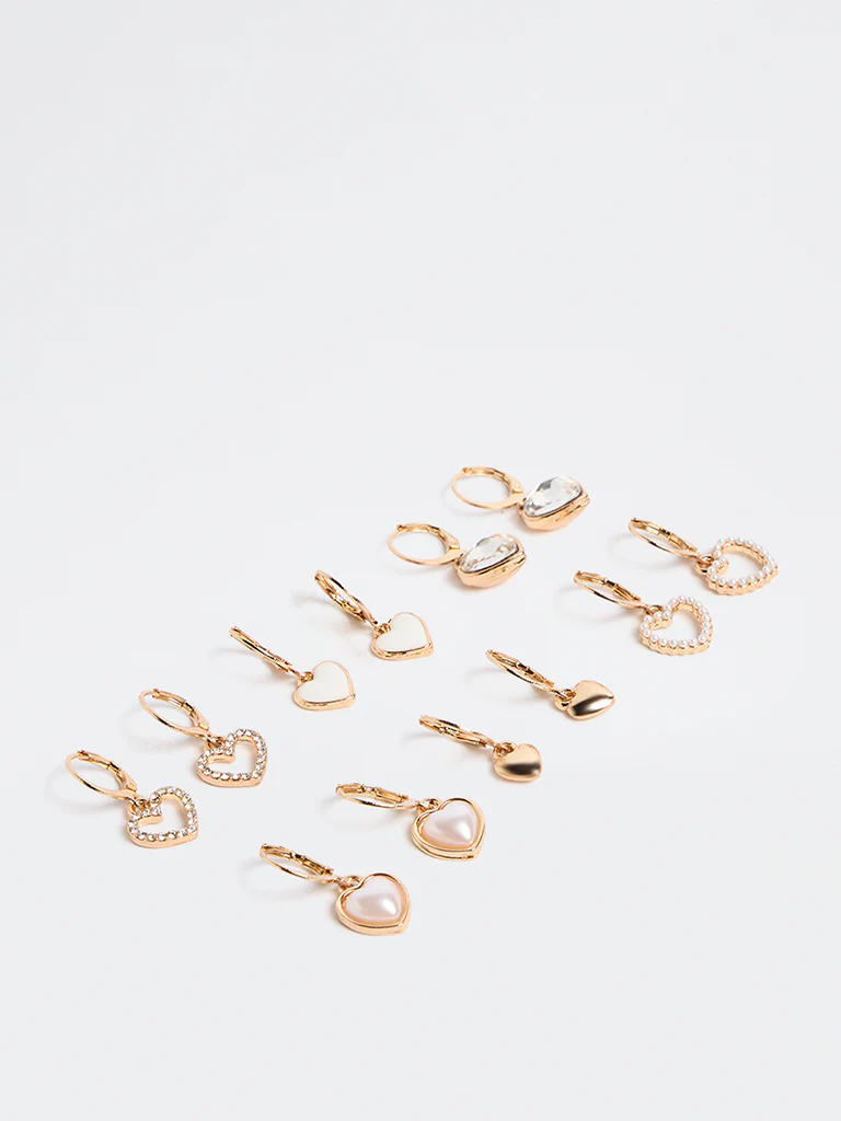 Westside Accessories Gold and White Assorted Heart Earrings - Pack of 6 - Image 2