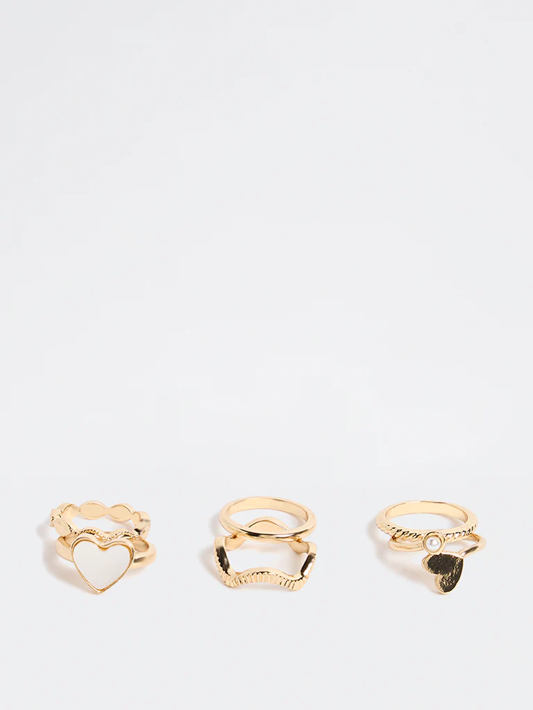 Westside Accessories Gold and White Heart Detail Rings - Pack of 6 - Image 2