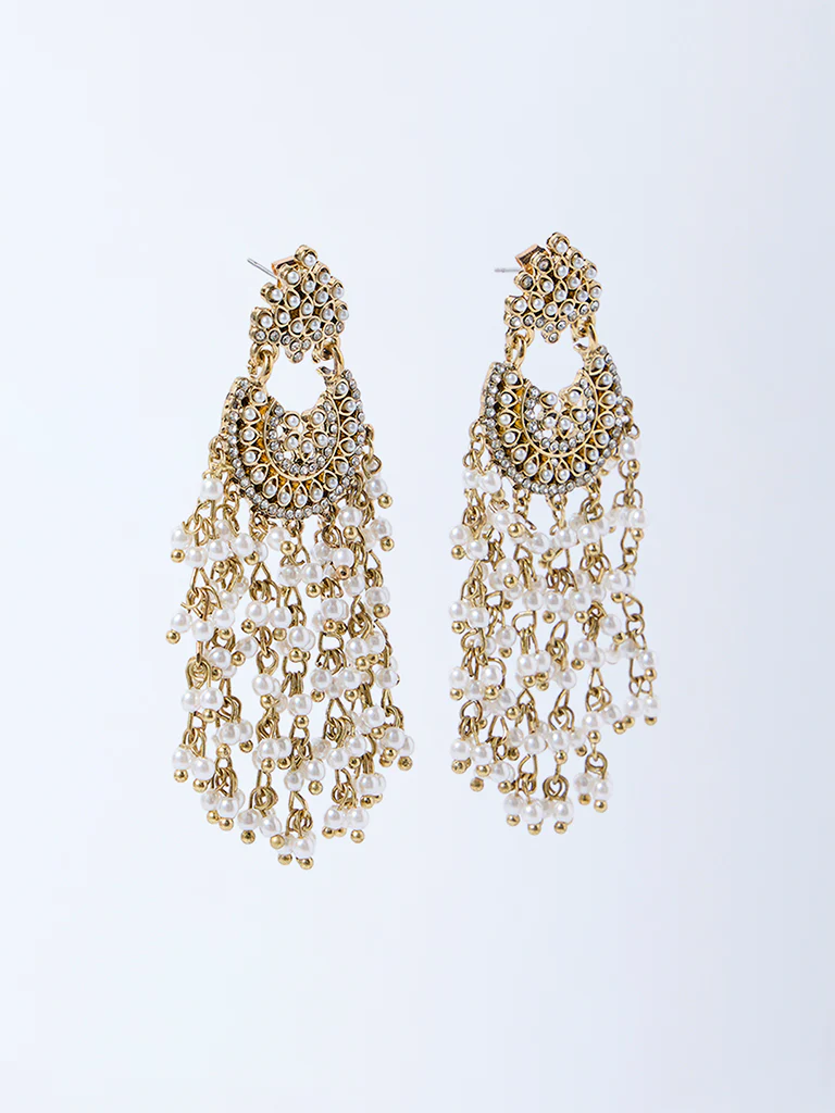 Westside Accessories Gold and White Pearlescent Jhumka Earrings - Image 2