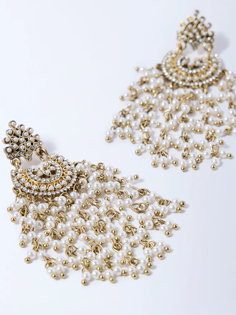 Westside Accessories Gold and White Pearlescent Jhumka Earrings - Image 3