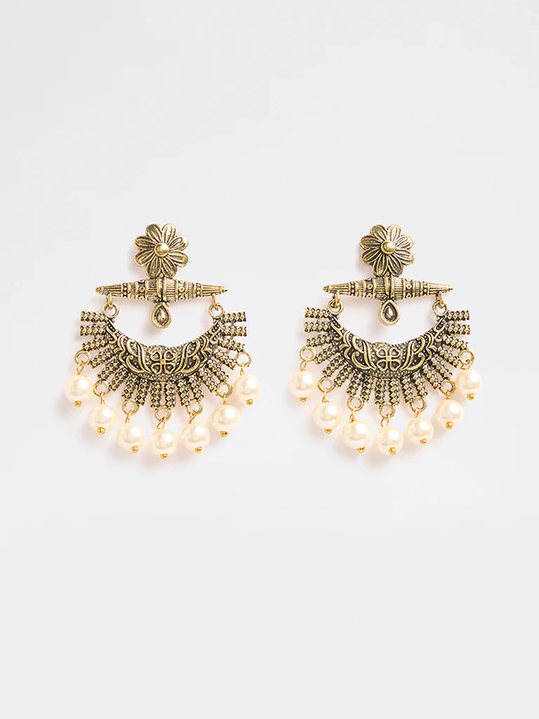 Westside Accessories Gold and White Pearlescent Jhumki Earrings - Image 3