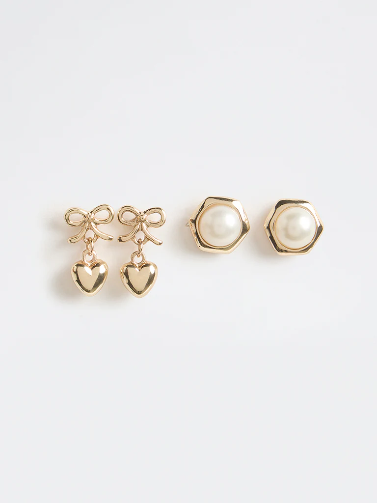 Westside Accessories Gold Bow and Pearl Earrings - Pack of 2