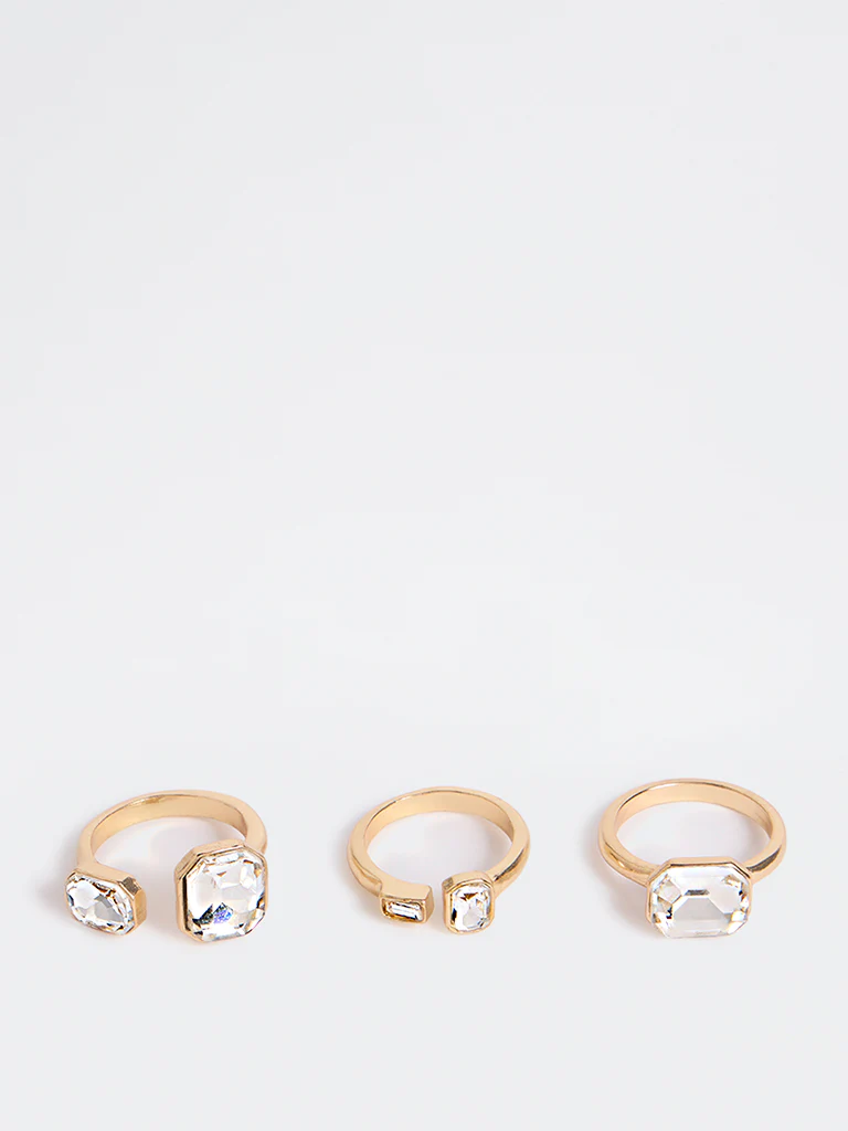 Westside Accessories Gold Crystal Statement Rings - Pack of 3 - Image 2