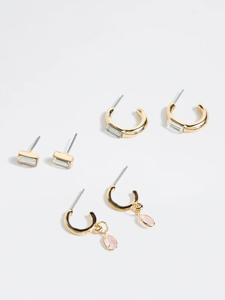 Westside Accessories Gold Dainty Stone Earrings - Pack of 3 - Image 2