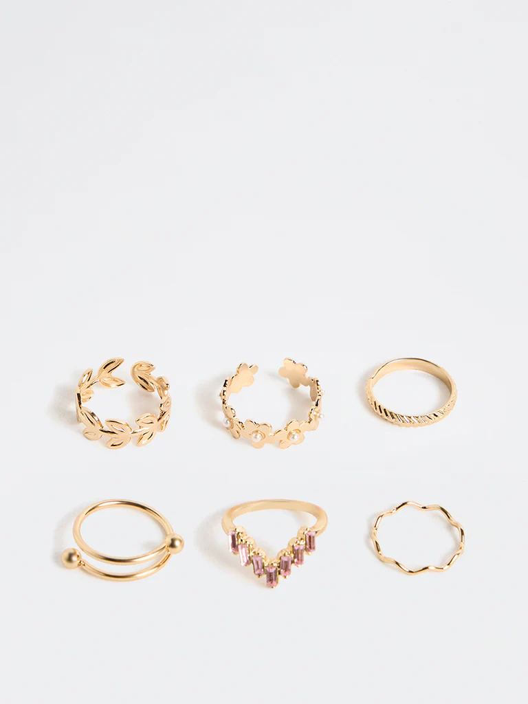 Westside Accessories Gold Embellished Rings - Pack of 6 - Image 2