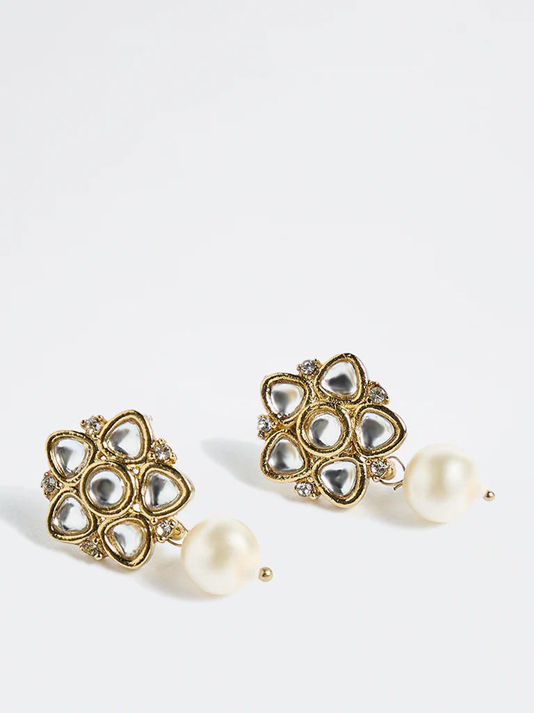 Westside Accessories Gold Floral Kundan Stone Earrings - Image 2