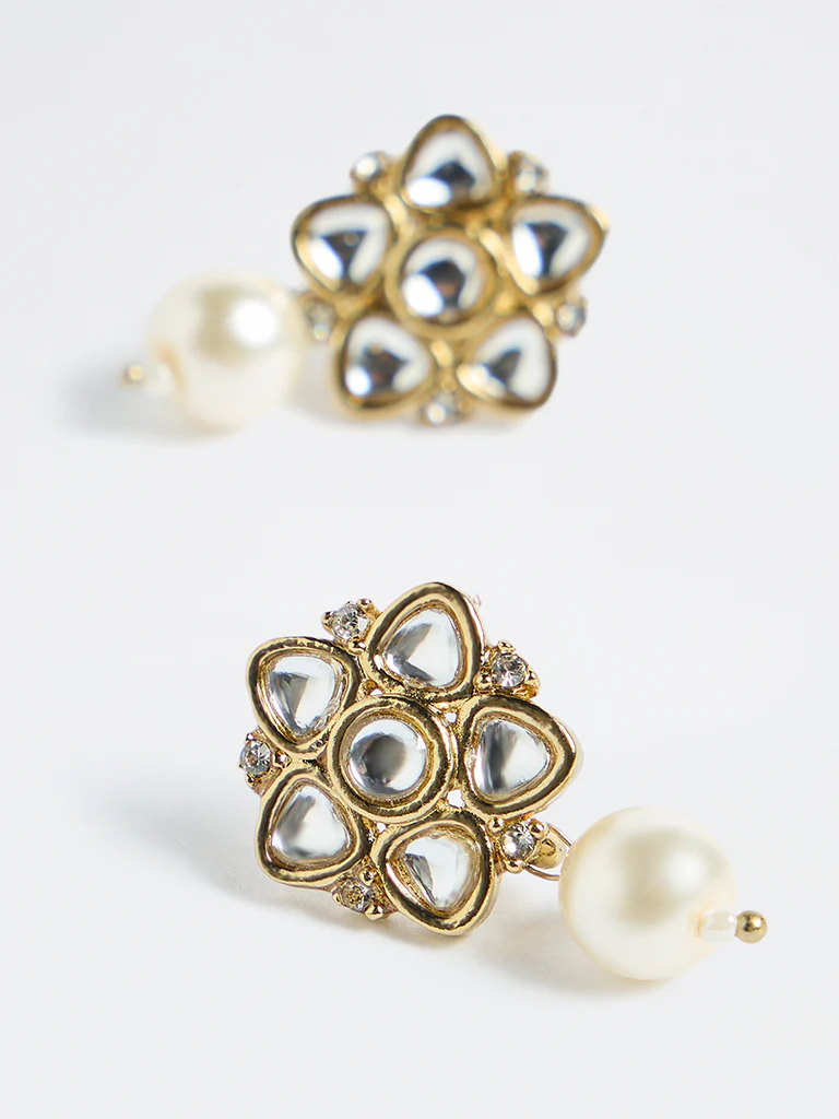 Westside Accessories Gold Floral Kundan Stone Earrings - Image 3