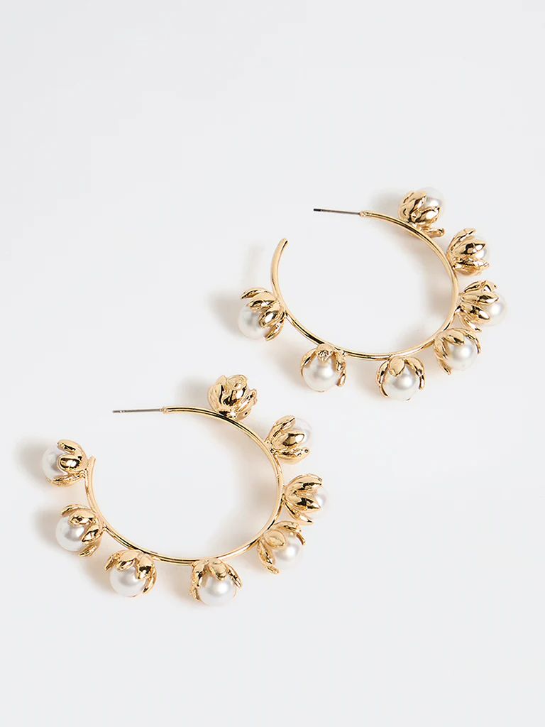 Westside Accessories Gold Floral Pearl Hoop Earrings - Image 2