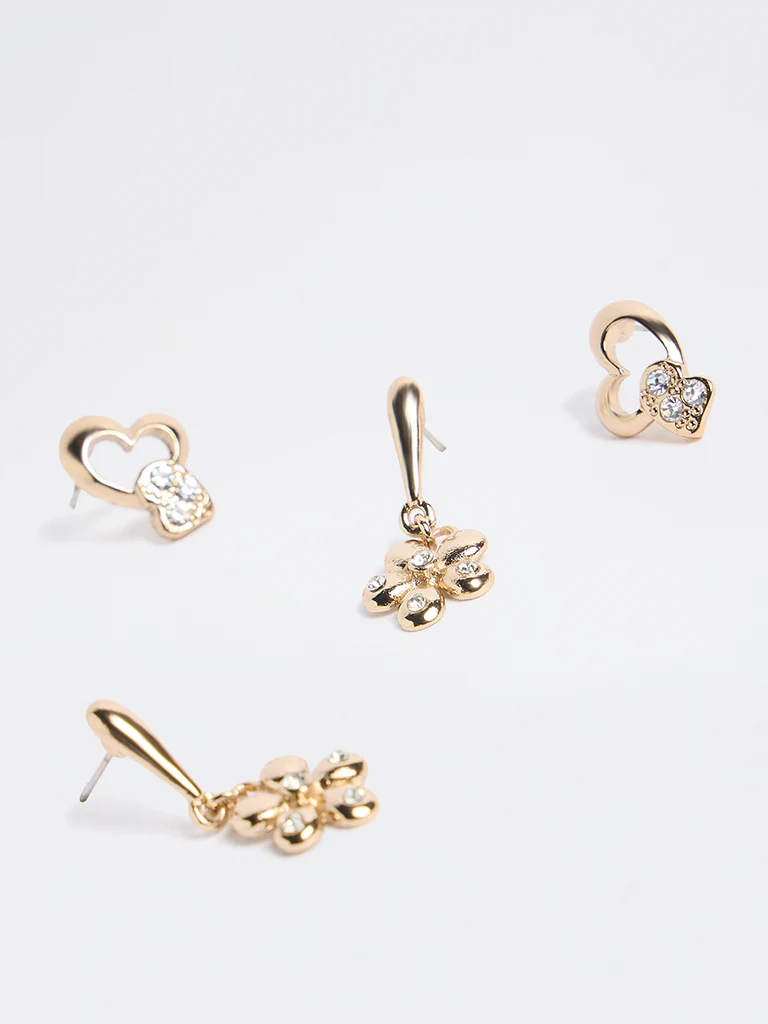 Westside Accessories Gold Flower and Heart Stone Earrings - Pack of 2 - Image 3