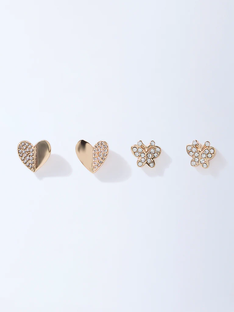 Westside Accessories Gold Heart and Butterfly Stud Earrings - Pack of 2