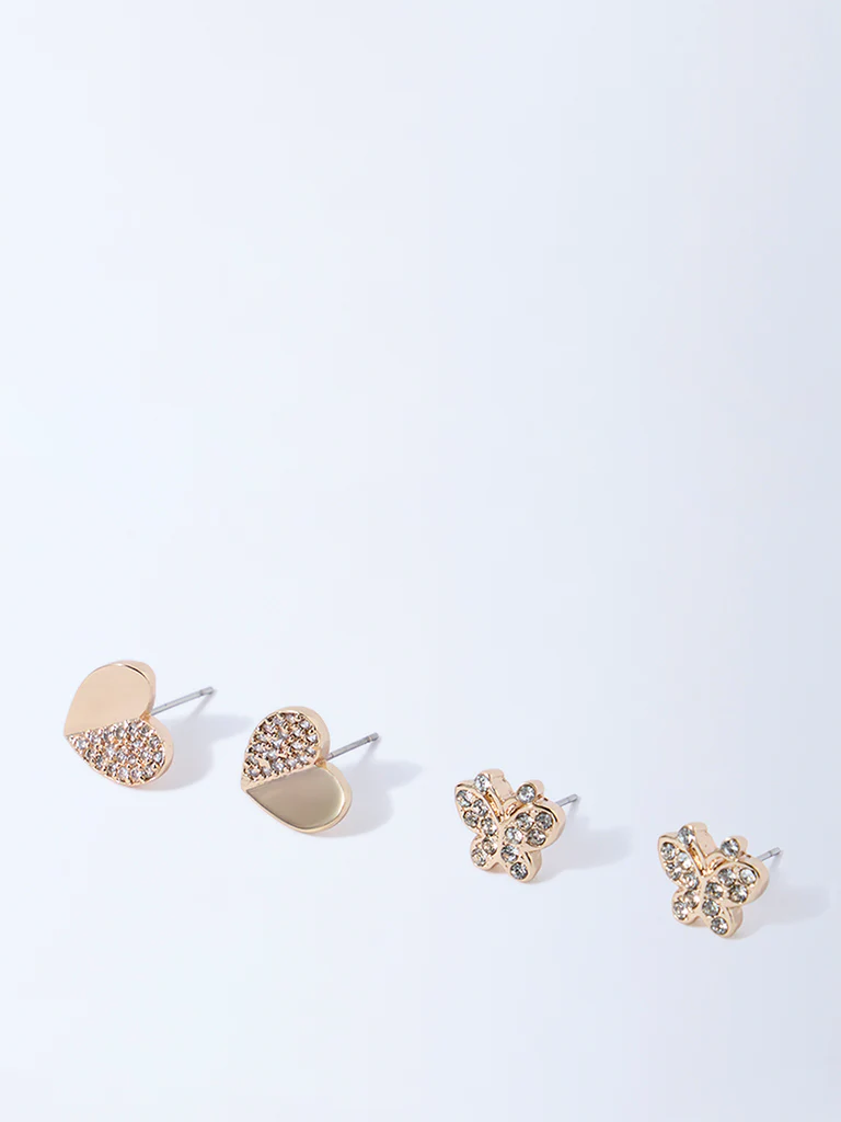 Westside Accessories Gold Heart and Butterfly Stud Earrings - Pack of 2 - Image 2