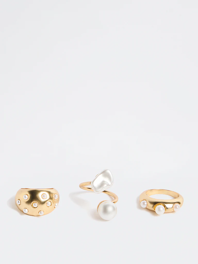 Westside Accessories Gold Multi Pearl Rings - Pack of 3 - Image 2