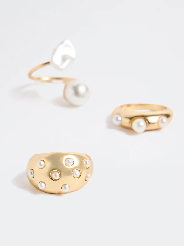Westside Accessories Gold Multi Pearl Rings - Pack of 3 - Image 3