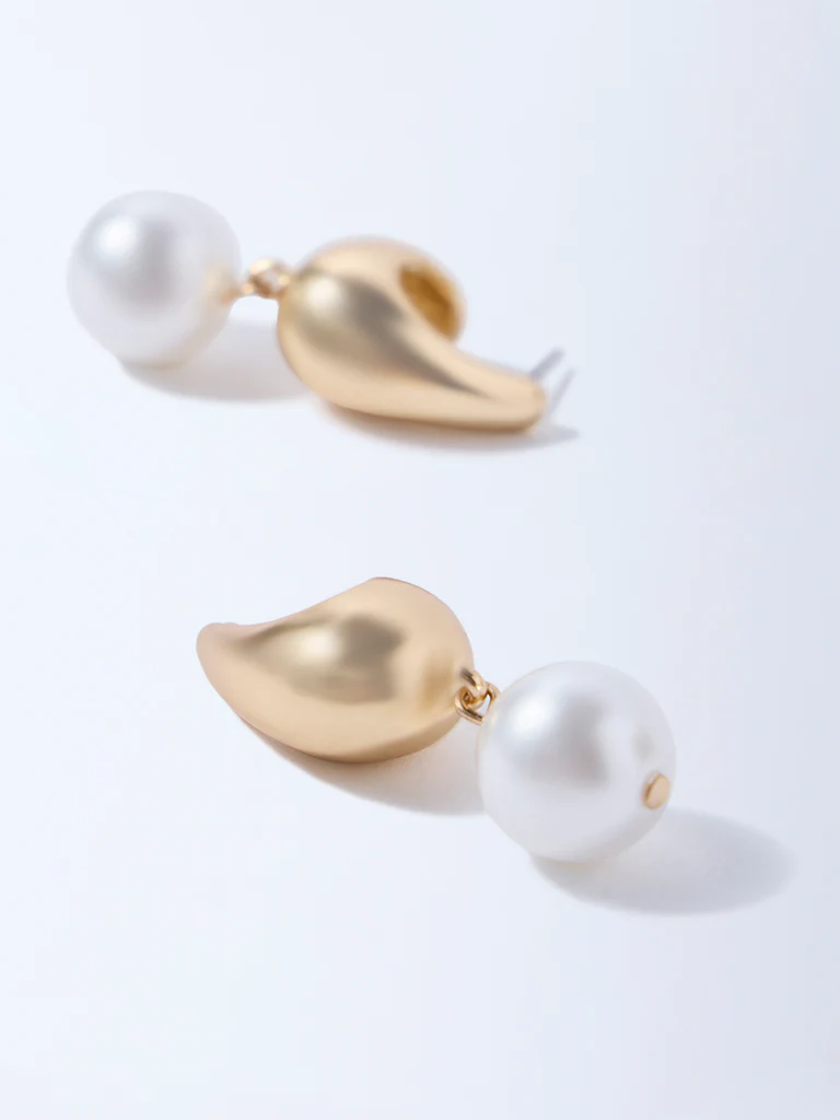 Westside Accessories Gold Pearl Dangler Hoop Earrings - Image 3