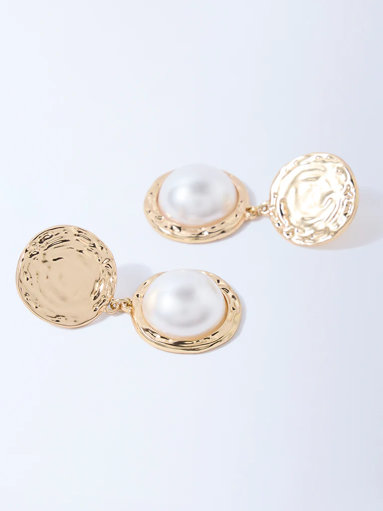 Westside Accessories Gold Pearl Dangler Statement Earrings - Image 3
