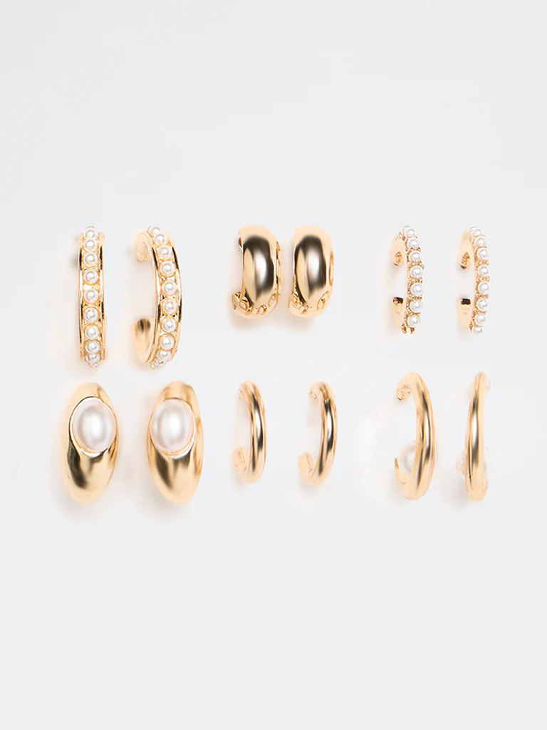Westside Accessories Gold Pearl-Embellished Multi Hoop Earrings - Pack of 6