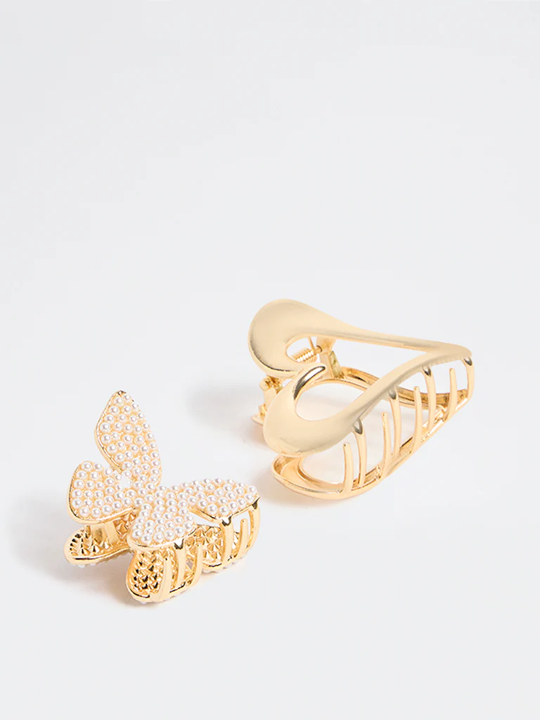 Westside Accessories Gold Pearlescent Butterfly and Heart Hair Clips - Pack of 2 - Image 2