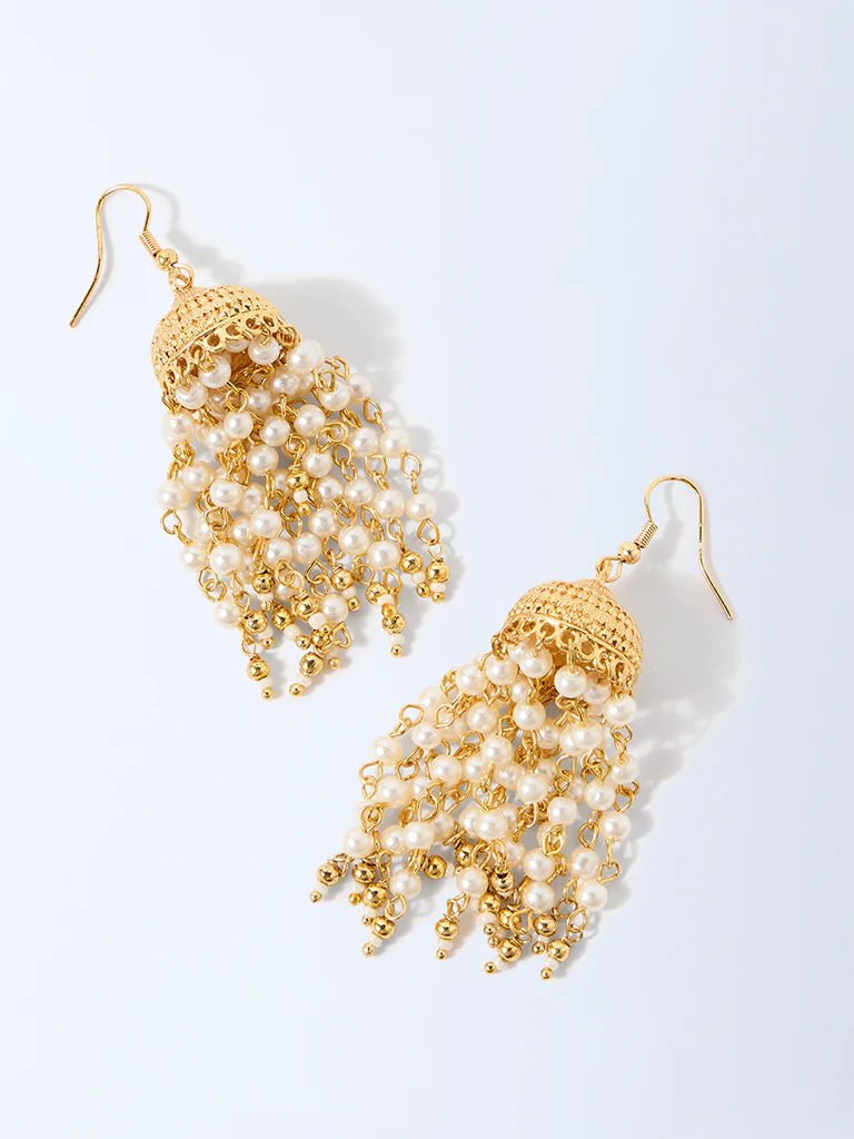 Westside Accessories Gold Pearls Hanging Jhumka Earrings - Image 3