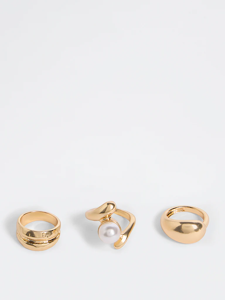 Westside Accessories Gold Statement Ring Set with Pearl Detail - Pack of 3 - Image 2