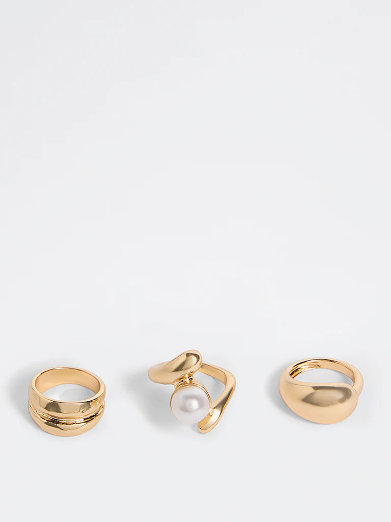 Westside Accessories Gold Statement Ring Set with Pearl Detail - Pack of 3 - Image 2