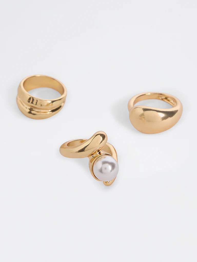 Westside Accessories Gold Statement Ring Set with Pearl Detail - Pack of 3 - Image 3