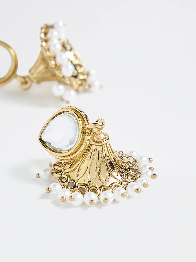 Westside Accessories Gold Stone and Pearl Jhumka Earrings - Image 3