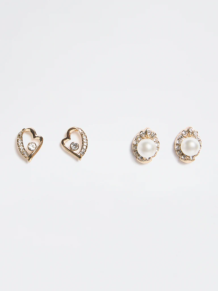 Westside Accessories Gold Stone and Pearl Stud Earrings - Pack of 2