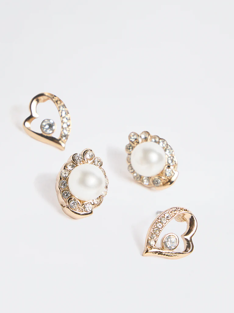 Westside Accessories Gold Stone and Pearl Stud Earrings - Pack of 2 - Image 3