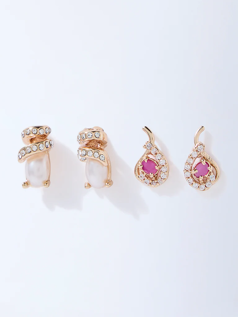 Westside Accessories Gold Stone and Pearlescent Stud Earrings - Pack of 2