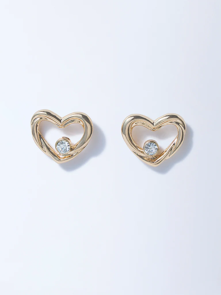 Westside Accessories Gold Stone-Detail Heart Stud Earrings
