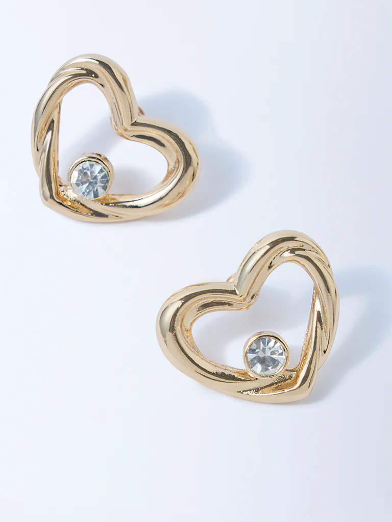 Westside Accessories Gold Stone-Detail Heart Stud Earrings - Image 3