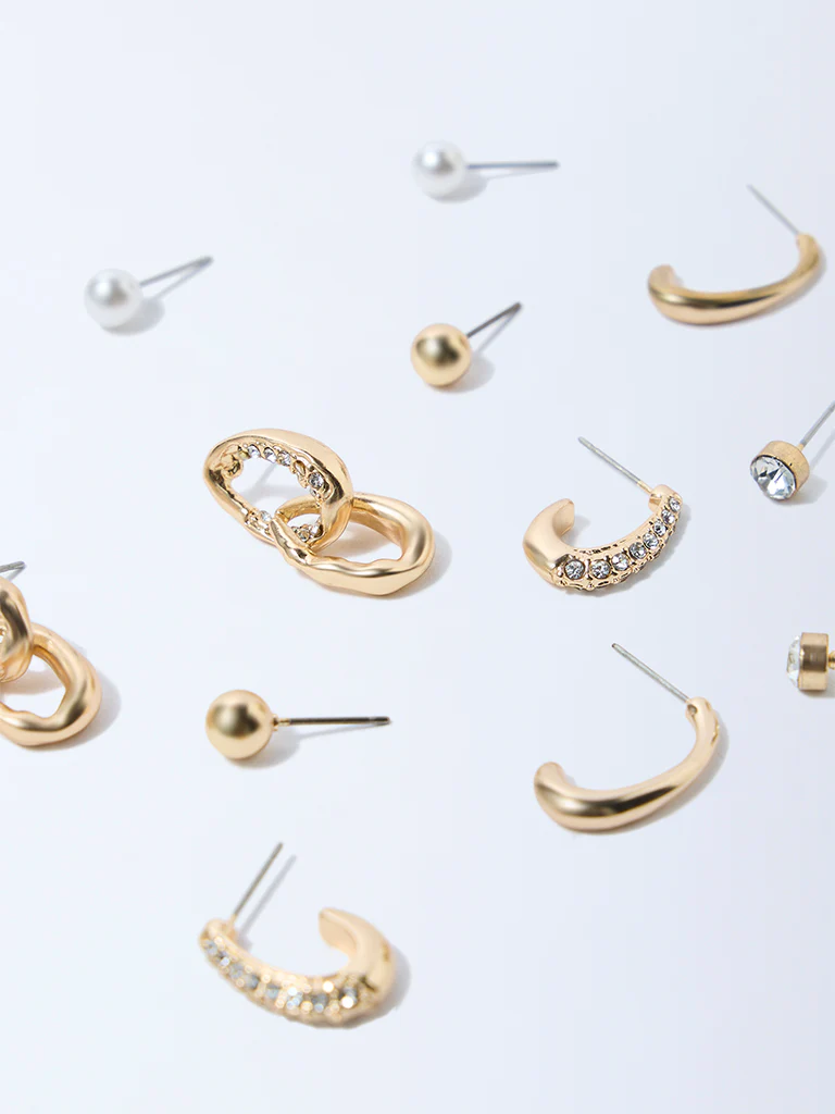Westside Accessories Gold Stud and Hoop Earrings - Pack of 6 - Image 3