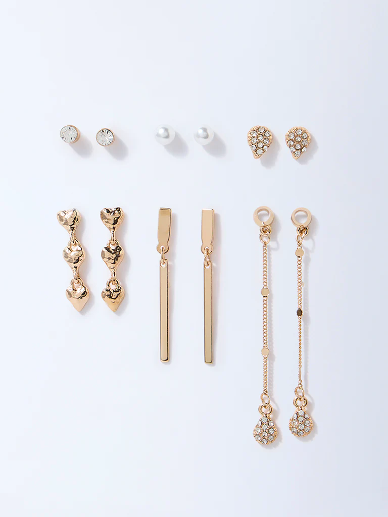 Westside Accessories Gold Studs and Dangler Earrings - Pack of 6