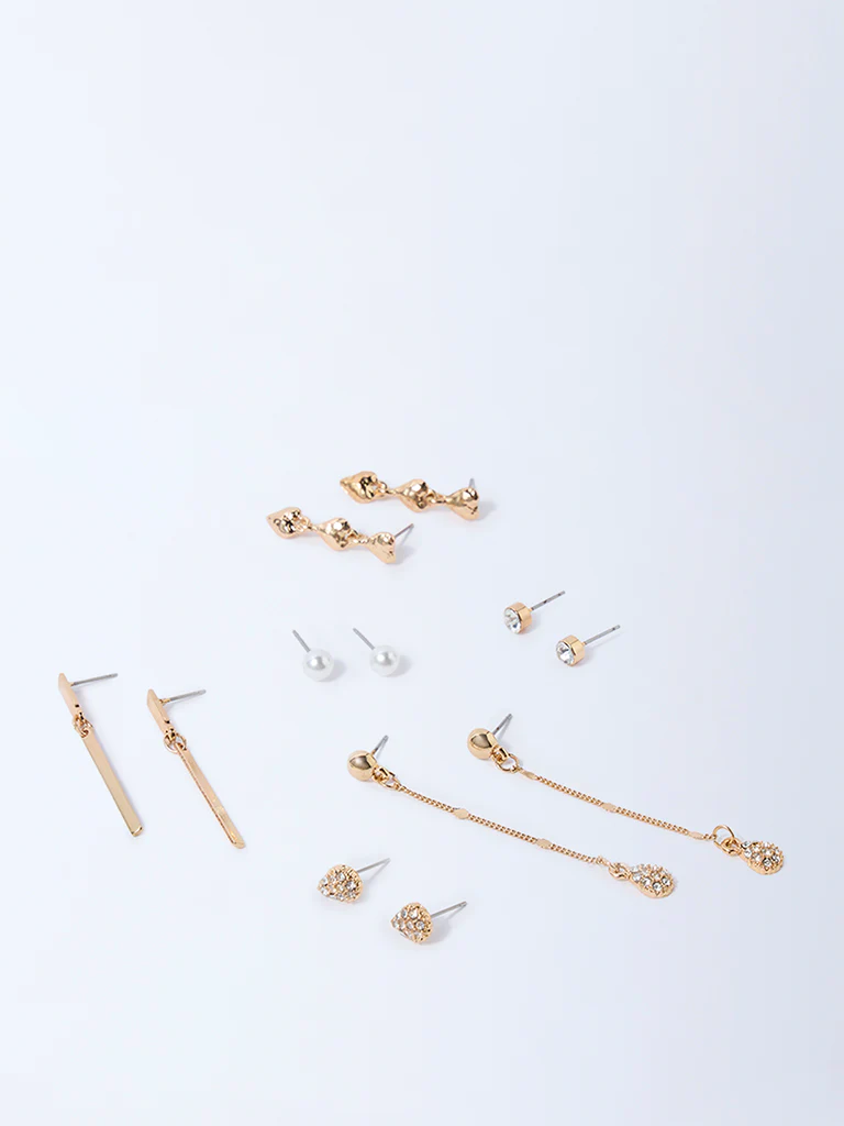 Westside Accessories Gold Studs and Dangler Earrings - Pack of 6 - Image 2