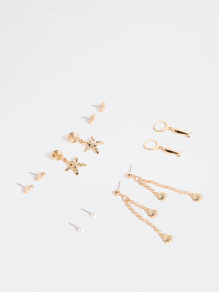 Westside Accessories Gold Studs and Dangler Earrings - Pack of 6 - Image 2