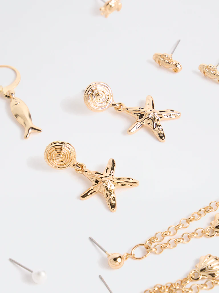 Westside Accessories Gold Studs and Dangler Earrings - Pack of 6 - Image 3