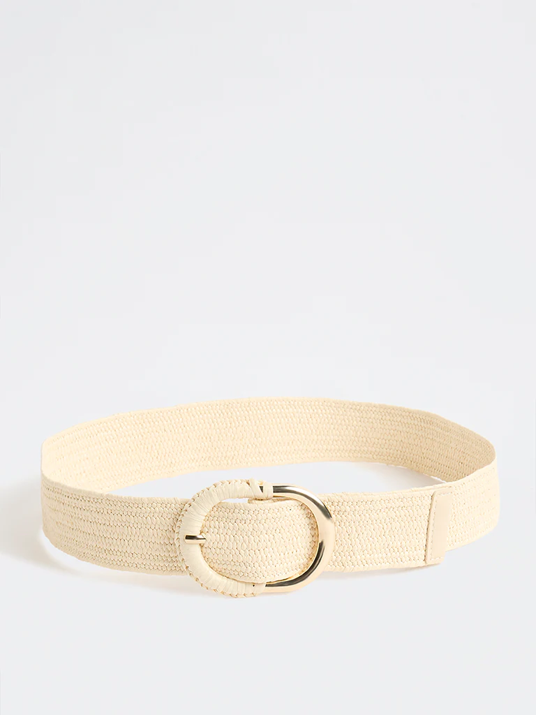 Westside Accessories Light Beige Raffia Covered Buckle Belt - Image 2